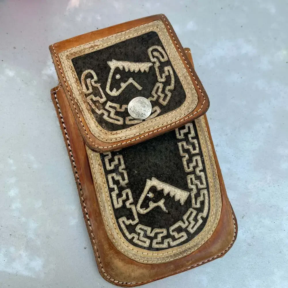 Western Cowboy Rodeo Leather Cell Phone Case Pouch with Rooster Embroidery